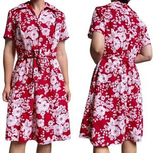 70s vintage red flower print dress short sleeve pointed collar floral midi belt.